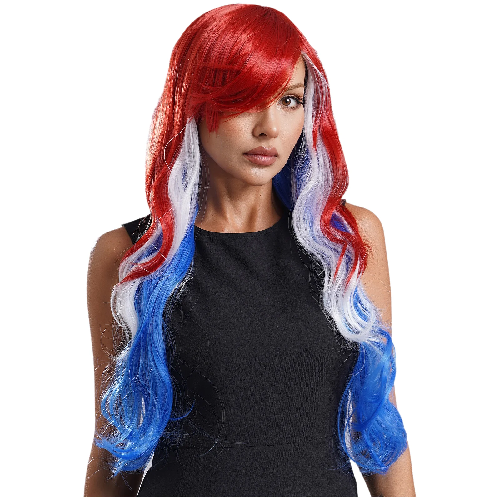 Womens Japanese Anime Role Contrast Wig Red Blue Gradient Long Curly Human Hair Wig for Halloween Cosplay Party Comic Con