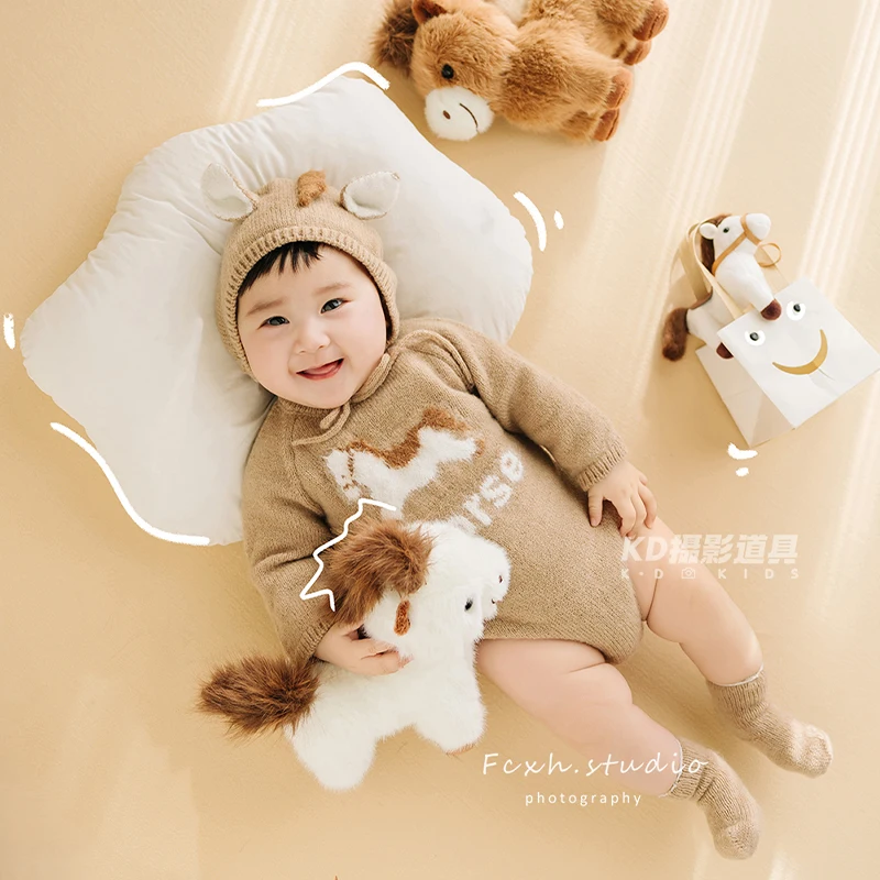 

Вязаный комплект для фотосессии младенцев на 100 дней: милый комбинезон с узором в виде лошадки и шапочка, мягкий и теплый, для студийных фотосессий