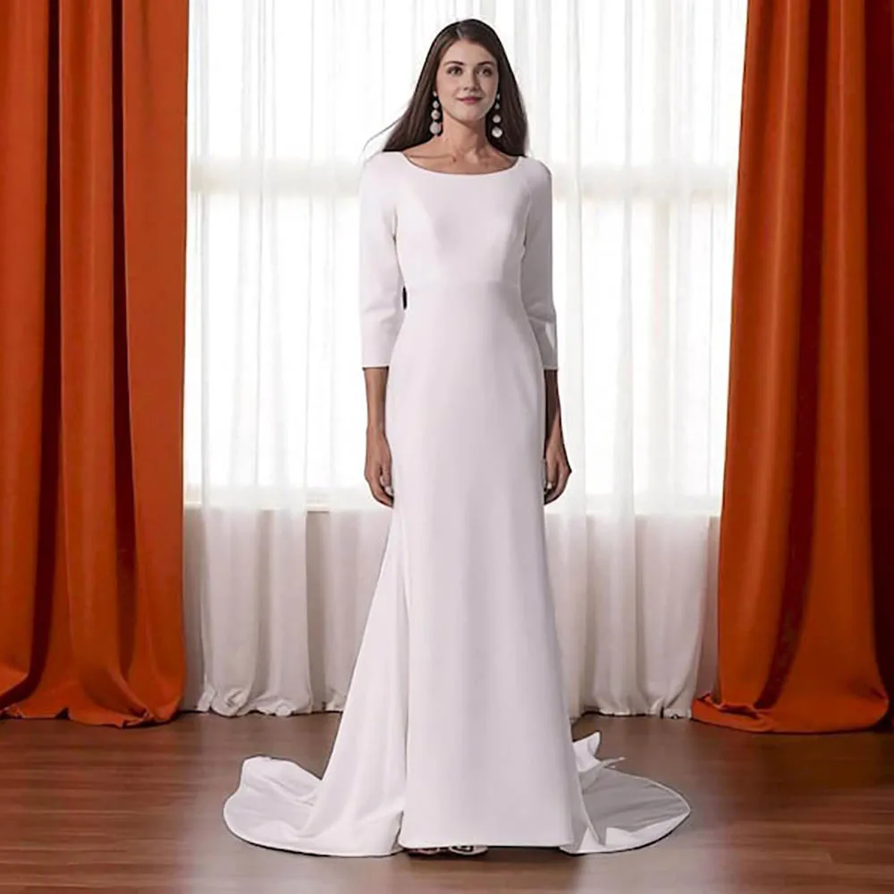 Customized Civil Wedding Dress Backless 3/4 Sleeves Scoop Collar Mermaid Bridal Dress Vestidos De Novia Simple Wedding Dress