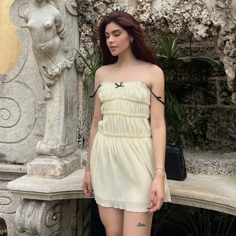 

French Fashion Bow Short Dress 2025 New High Waist Loose Casual Slip Dress Chic Vestidos Double Layer Summer Woman Clothing