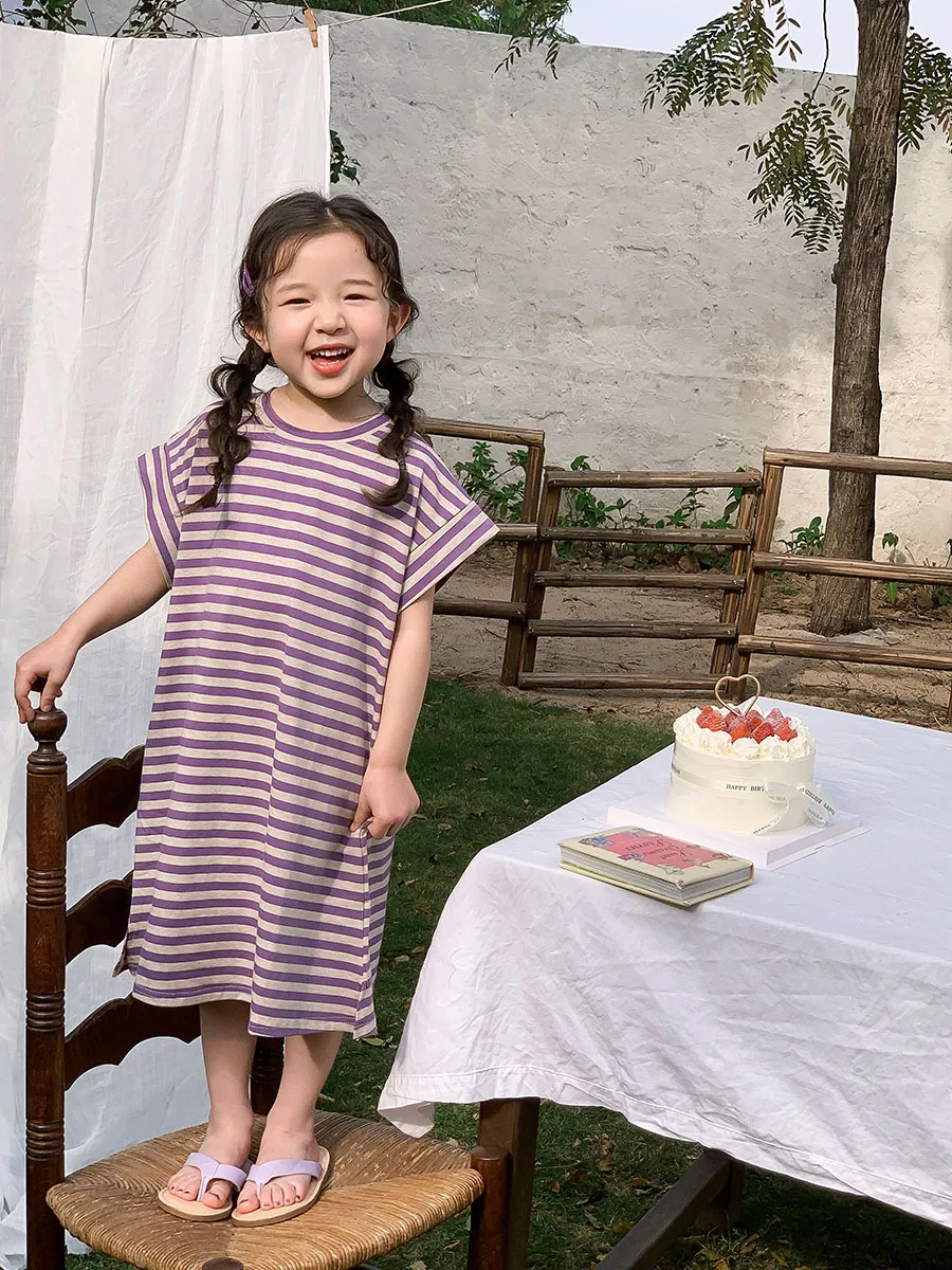 Korean Style Baby Girls T-Shirt Dress Purple/Green Long Loose Cotton Dress with White Stripes Kids Short Sleeved Casual Clothing