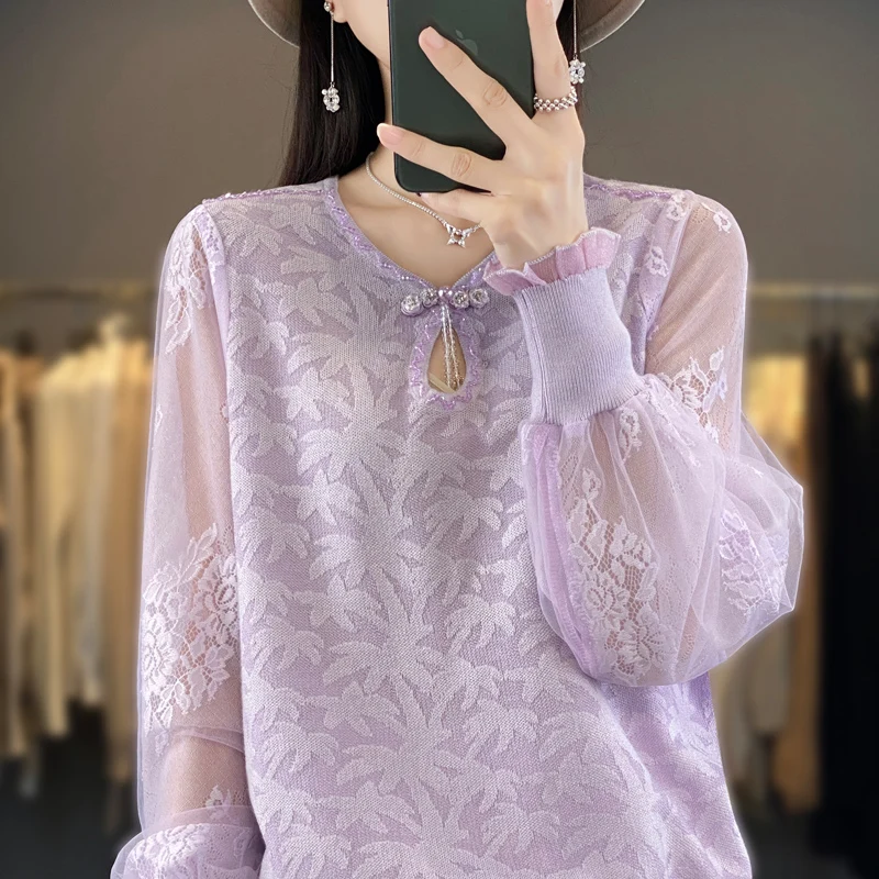 

Gentle and super beautiful foreign style yarn sleeve wool knit bottom top for women's short spring and autumn round neck seasona