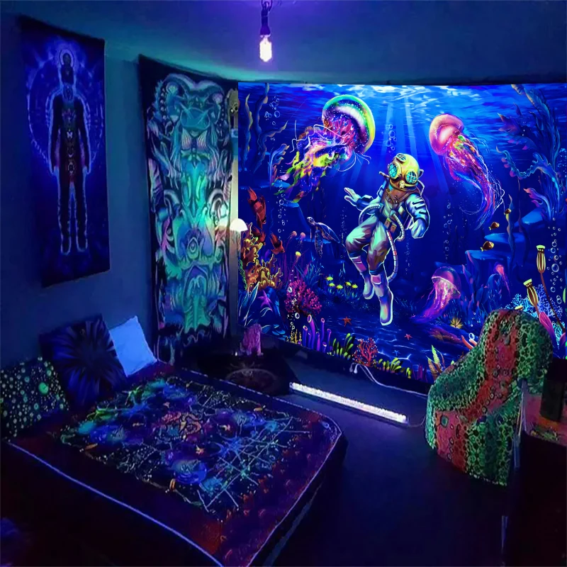 1pc Unterwasser welt UV-Antwort Wandteppich, Taucher und Quallen, Unterwasser Tierwelt Wandbehang