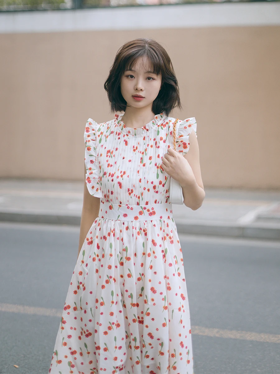 

Летнее французское платье с цветочным принтом и завышенной талией для женщин, стройнящее, А-силуэт, скрывающее недостатки фигуры, с эффектом подтяжки подмышек