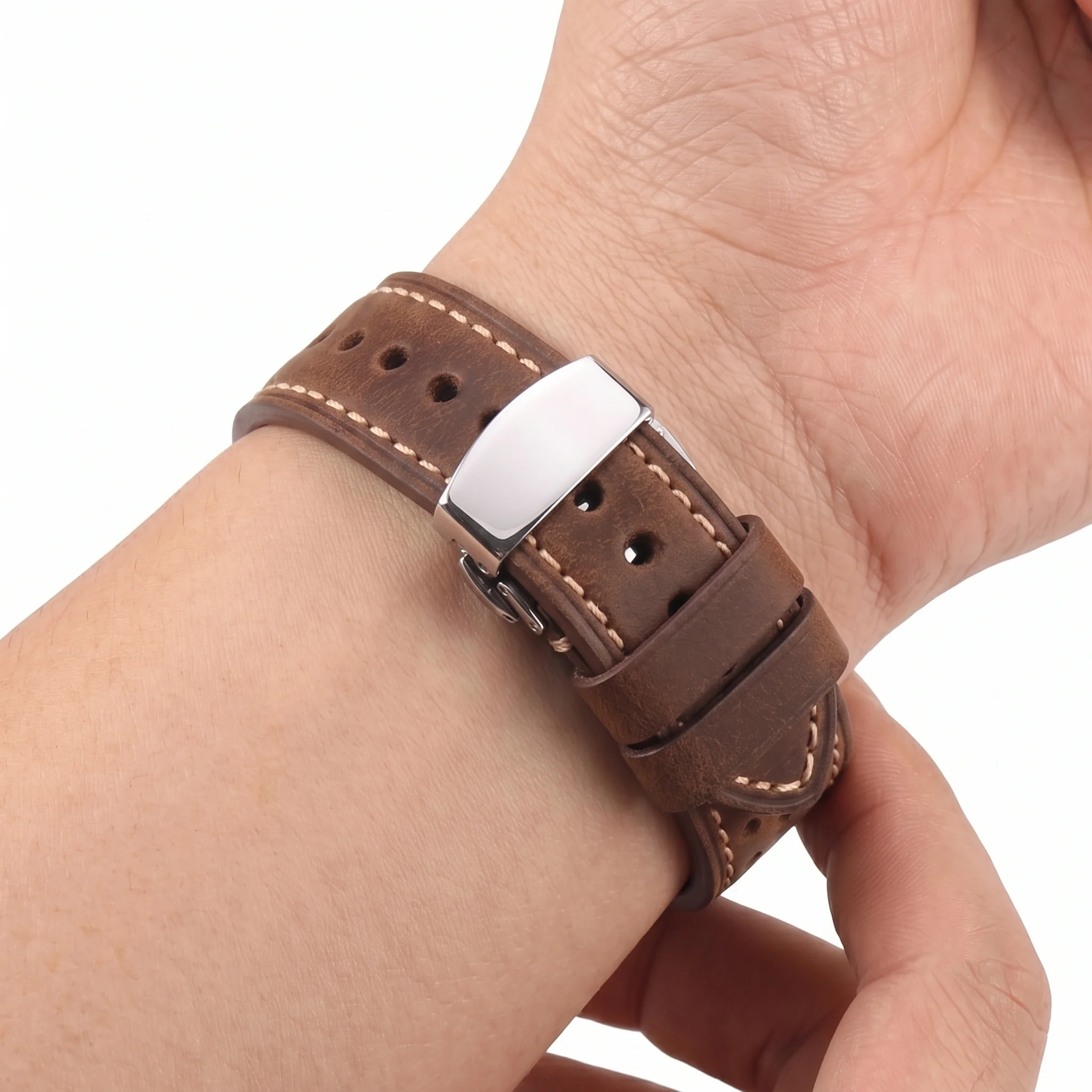 Genuine Leather Watch Band Bracelet 20mm 22mm 24mm Cowhide Vintage Watchband Deployment Clasp For Samsung Galaxy Watch 3 4 Strap