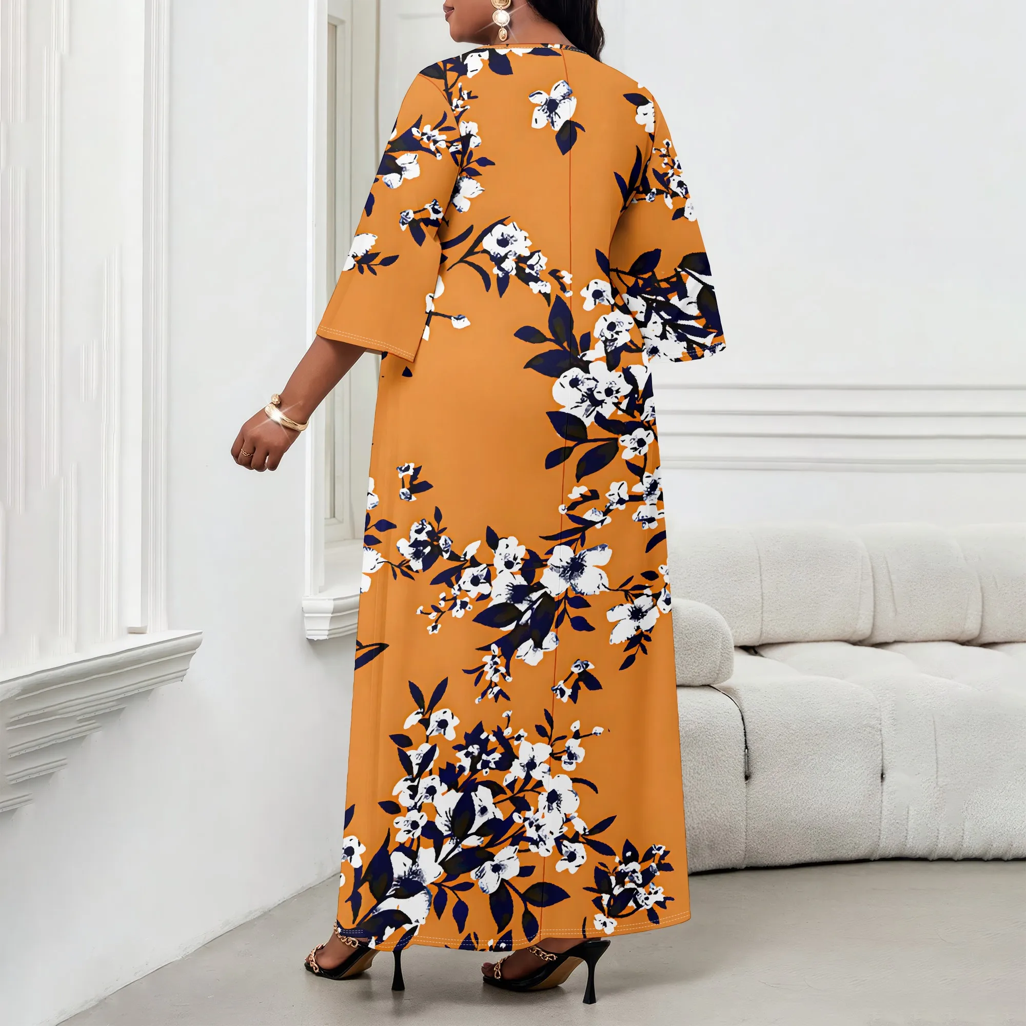 فستان نسائي متوسط الحجم بأكمام طويلة، رقبة على شكل حرف V صغيرة مطبوعة عصرية، فستان كاجوال منزلي #6