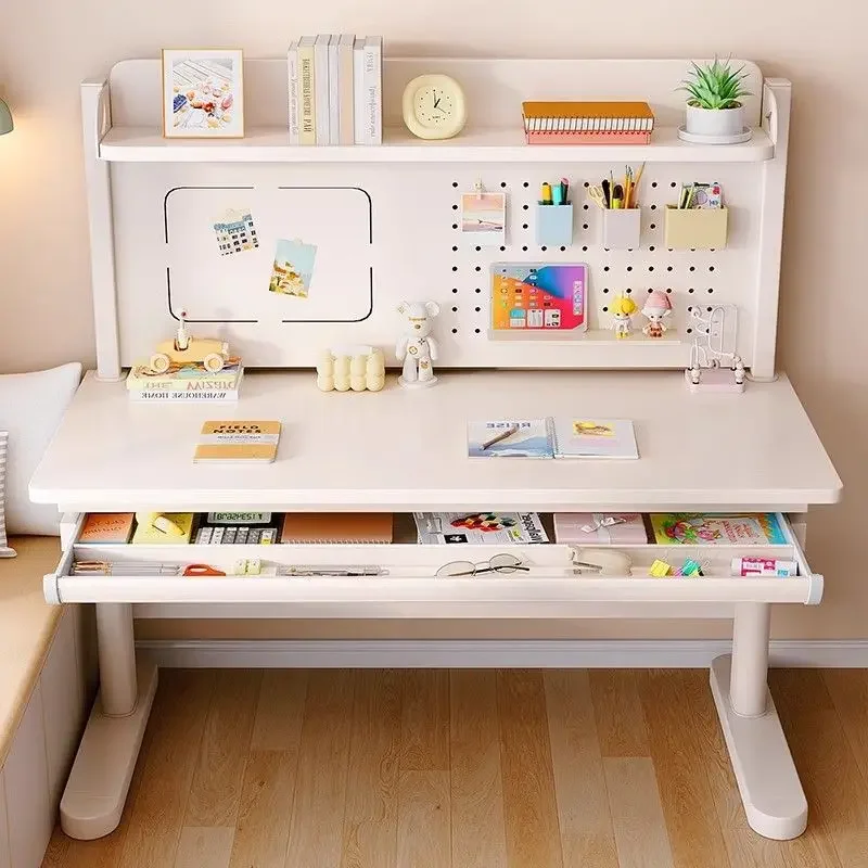 Solid wood children's study table hole board can lift large white table
