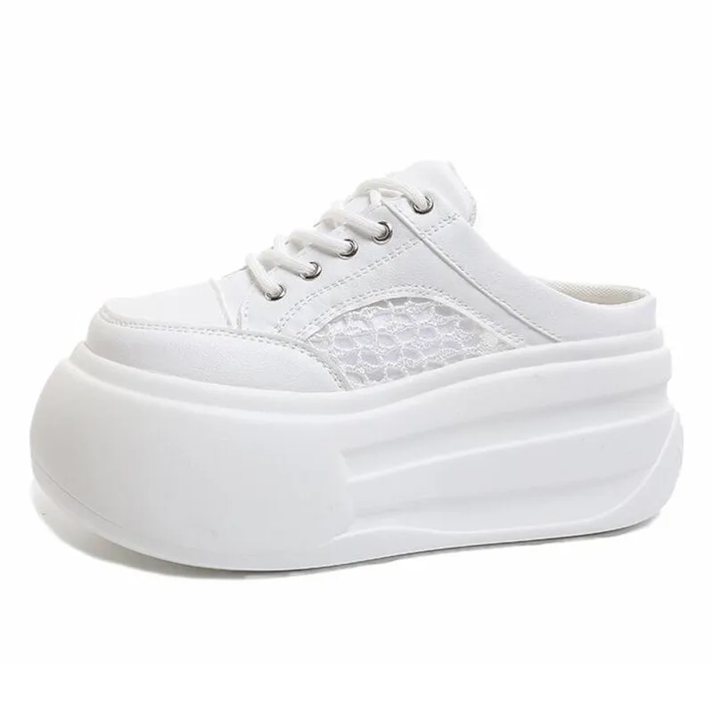 7.5CM Half Slippers Spring Summer Women's Casual Shoes Platform Ladies Slippers Lace Up Elevator Shoe Low Top Female Footwear