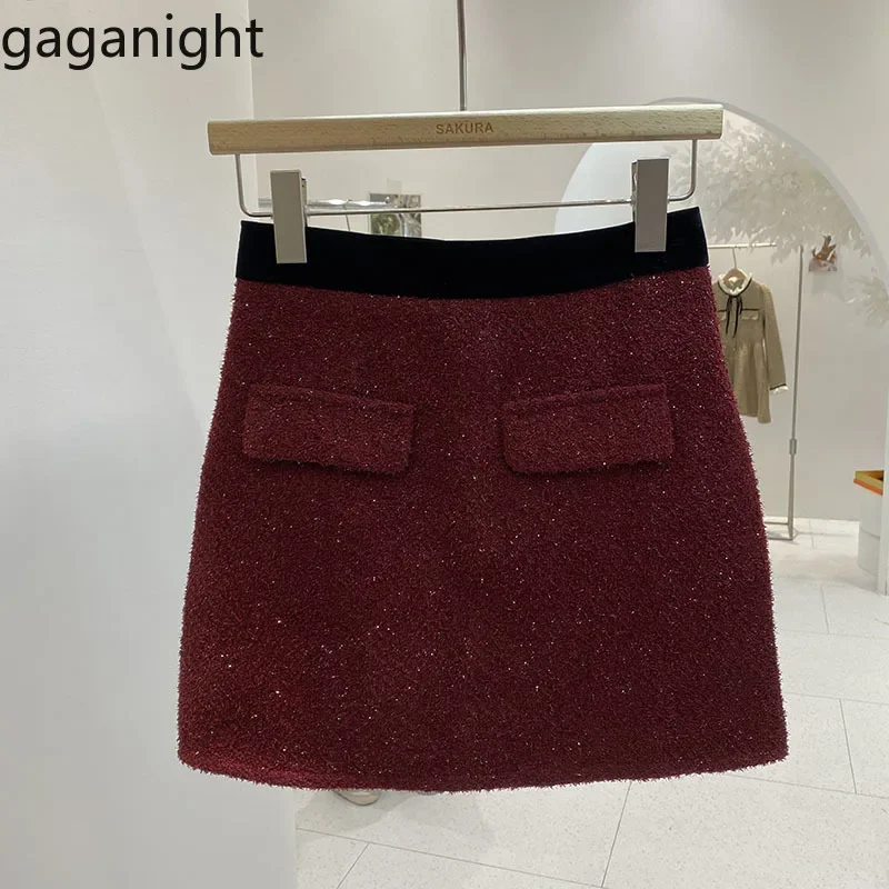 Gaganight Women Retro Red Tweed Wrapped Hip Skirt 2024 Autumn Winter New Korean Version Slimming High Waist A line Short Skirt