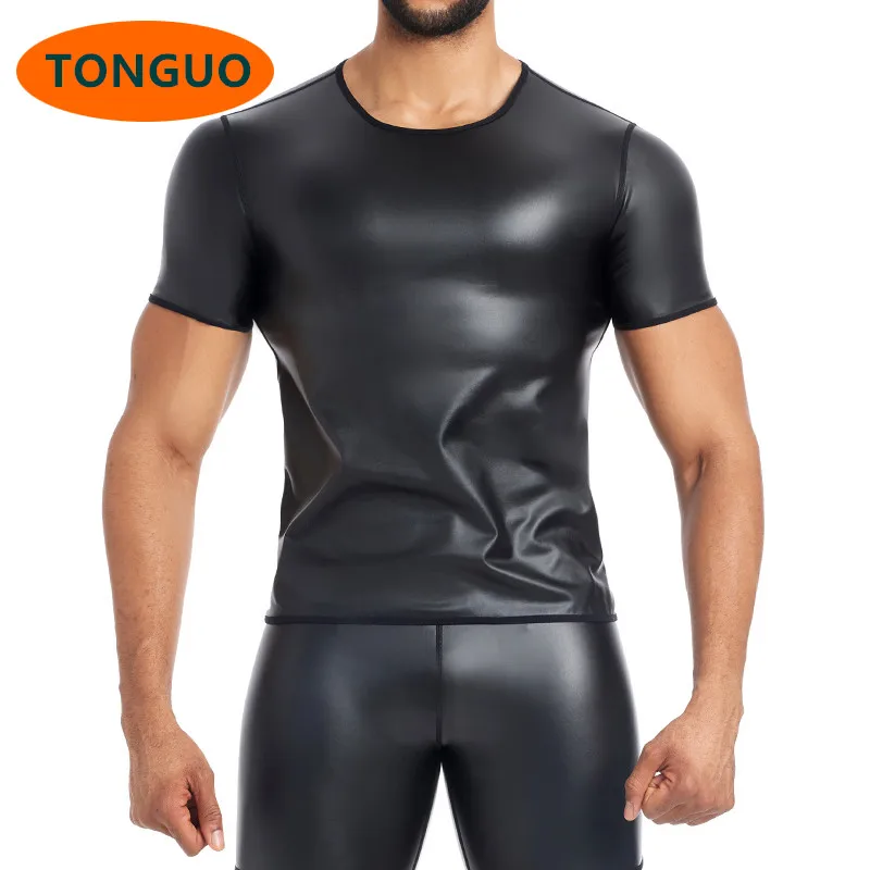 S~6XL Leather Shirt For Mens Short Sleeve Casual Shirts Men's Sexy Leather T-Shirt Slim Nightwear Tops Wet Look Undershirt Black
