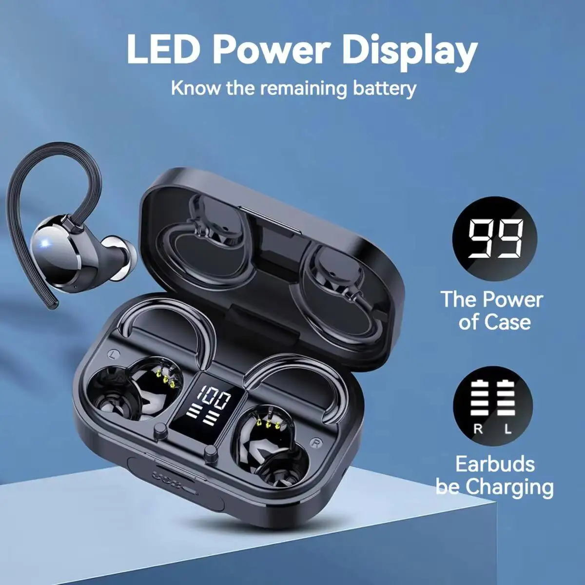 

New Q25 Wireless Bluetooth Ear-Hook Earphones LED Power Display Phone Emergency Charging Comfortable Wear for Office Music Gift