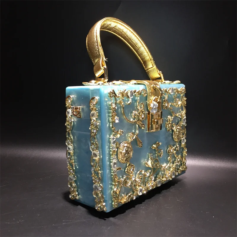 High-Grade crystal Evening Bag Female New Hollow Out Metal Carved Flower Diamond Handbag Box Fashion Chic Shoulder Crossbody Bag