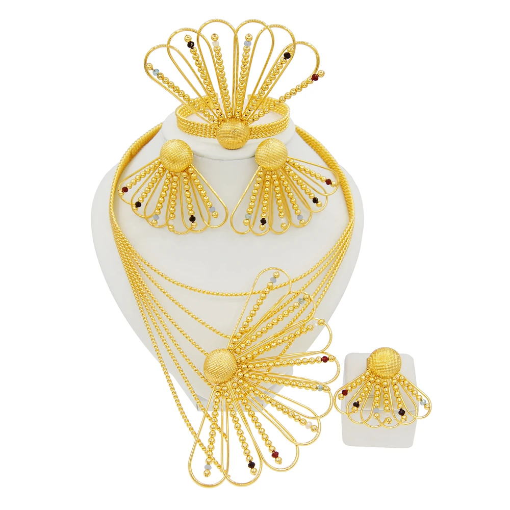 Conjuntos de joyería de plata de alta gama de oro brasileño de 24 quilates, cuentas más nuevas, collar de boda nupcial de América, colgante de disfraz hermoso para mujer