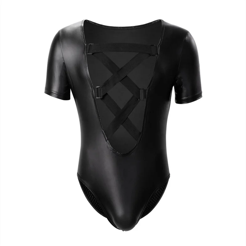 Men's Undershirts Imitation Leather Body Shaping Short-sleeved Side Net Cross Jumpsuit Slim One-piece Triangle Waist Undershirt