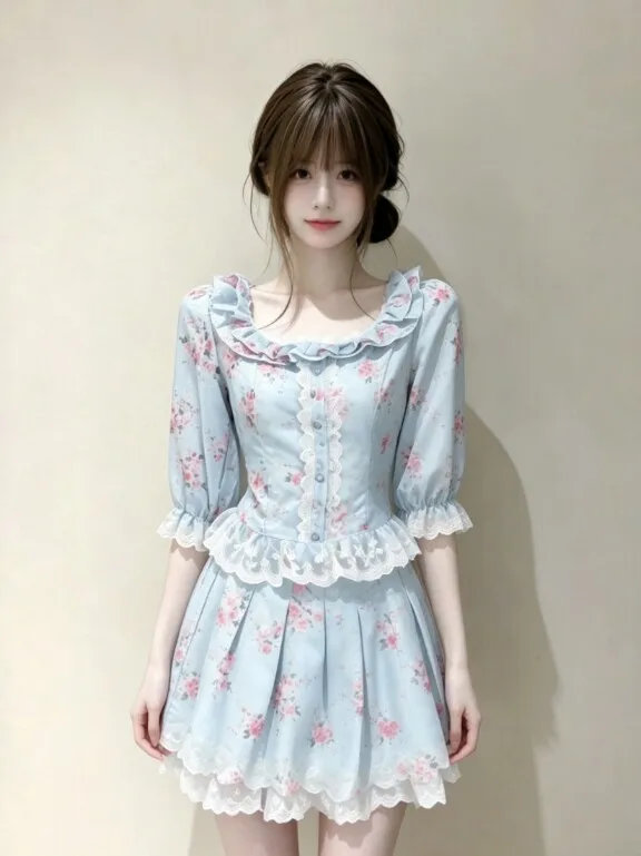 

Gentle Wind Floral Print Top And Skirt Set Cute Two-Piece Summer Outfit High Waist Short Skirt Comfortable Long Sleeve Shirt
