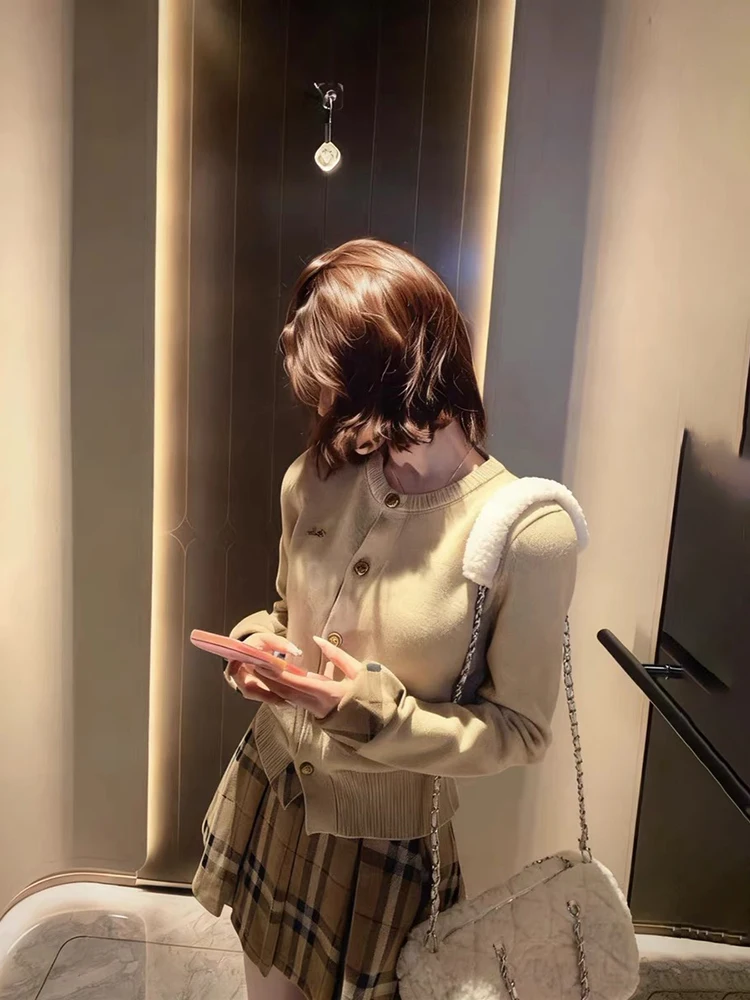 

Корейский вязаный кардиган и юбка с высокой талией для женщин, осенне-зимний комплект, новинка, плиссированная юбка для офиса, стройнящий силуэт