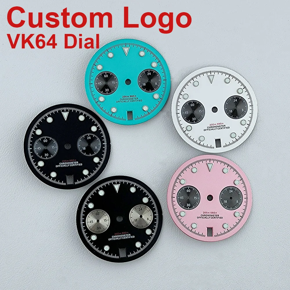 VK64 chronograph dial Custom logo panda dial 29mm green glowing dial fit VK64 date at 6 o\'clockquartz movement watch accessories