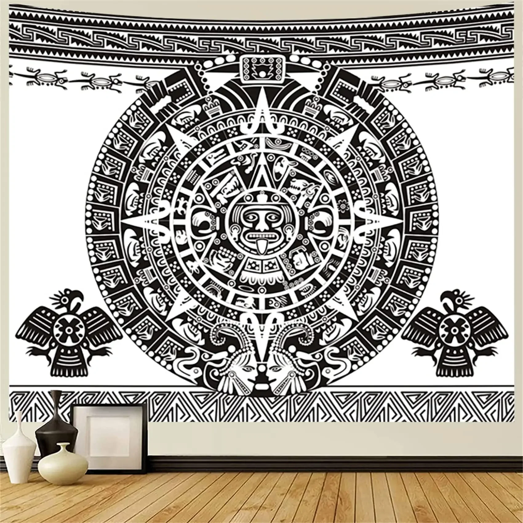 Kalendarz Azteków Gobelin Czarno-Biały Vintage Znak Majów Starożytne Słowa Wiszące Na Ścianę Do Sypialni Salon Dorm Home Decor — zdjęcie 4