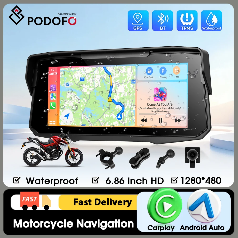 Podofo 6,86 Zoll Kabelloses Carplay Tragbarer Motorrad-Smart-Player Android Auto Digitale Motorrad-Navigation mit TPMS-Unterstützung SD-Karte IP68 Wasserdicht