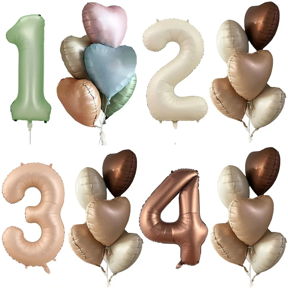 Cream Number Balloons Set with Brown Beige Heart Balloon, Digital Helium Ball, Wedding and Birthday Party Decoration, 40inch 6pc