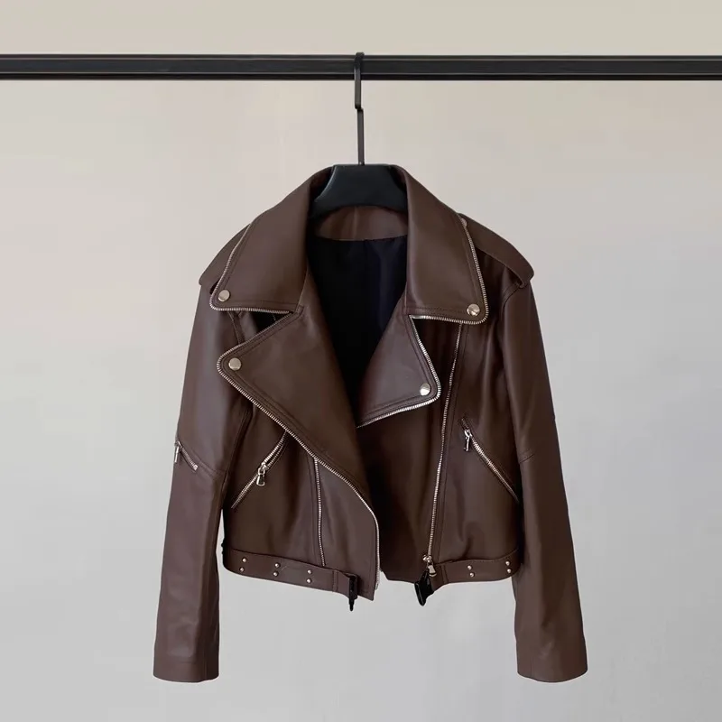 

New Genuine Leather Jacket Women's Heavy Industry Rivets Short Sheepskin Zipper Leather Jacket Versatile and Thin Coat Trendy