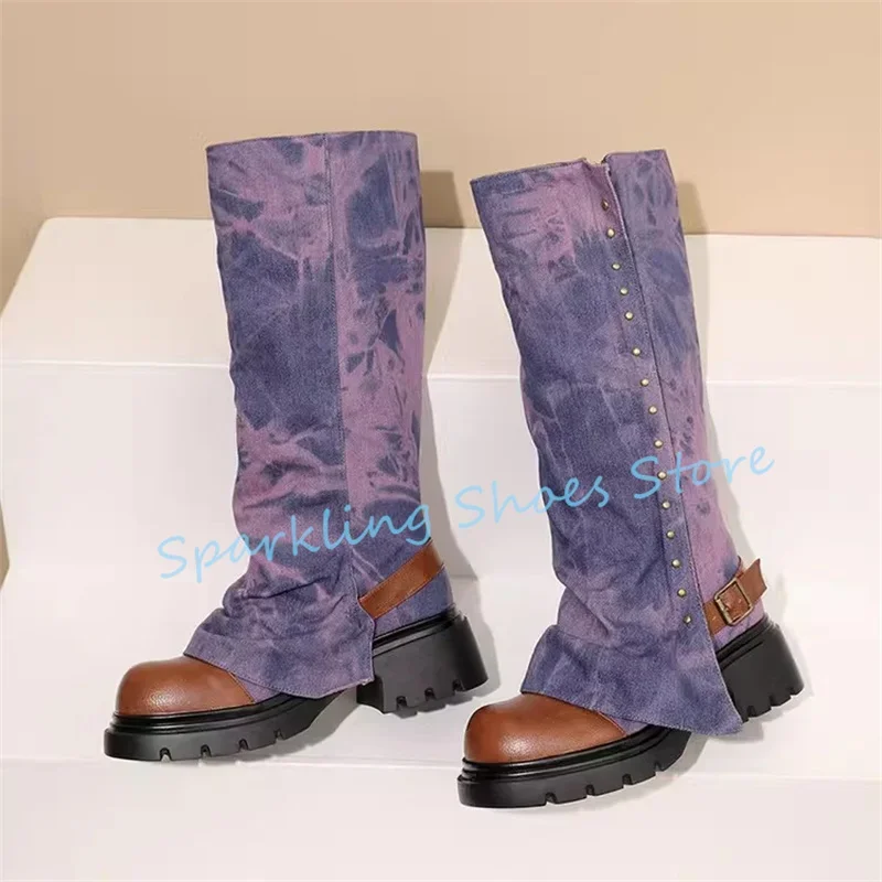 

Fashion Denim Pleated Trouser Tube Women Long Boots Rivet Belt Buckle Round Toe Chunky Heel Ladies Western Cowboys Boots