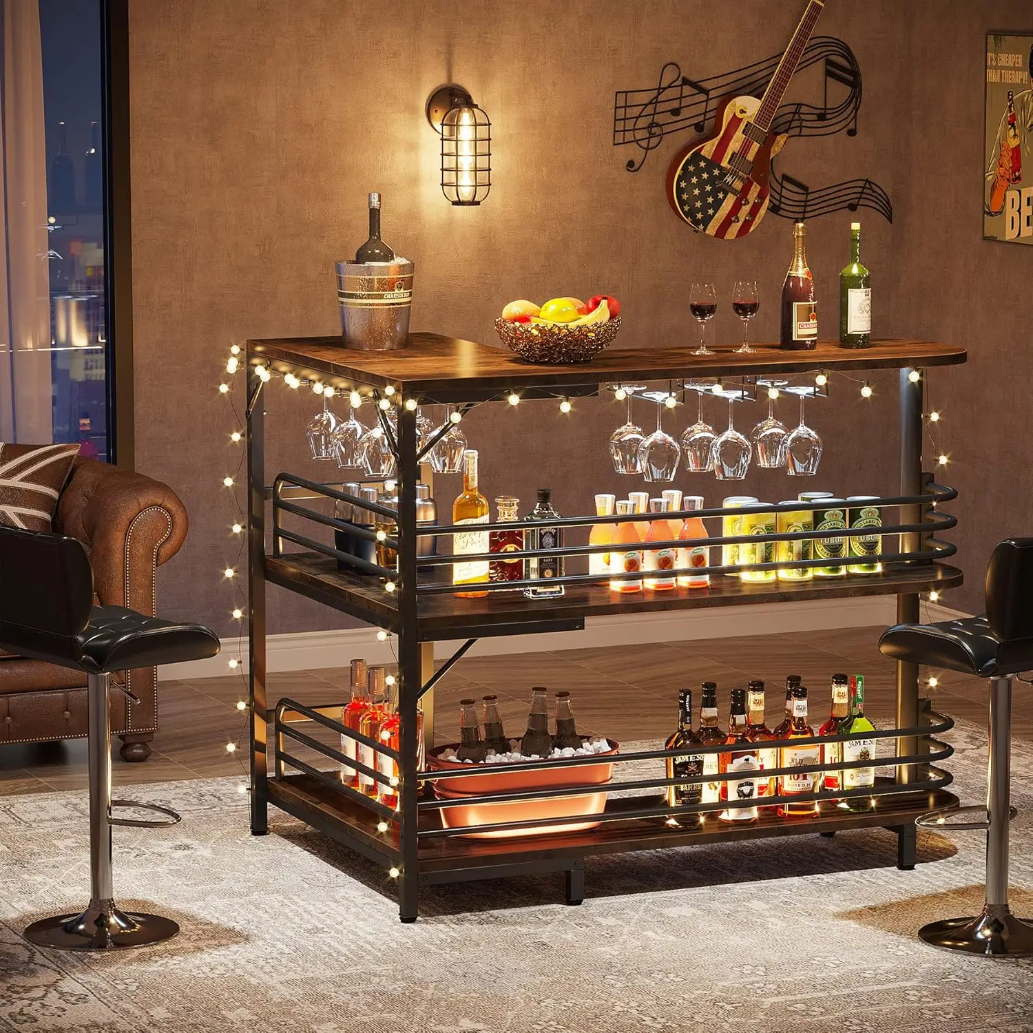 Tribesigns L-Shaped Home Bar Unit, 3 Tier Liquor Bar Table with Storage Shelves and Wine Glasses Holder, Industrial Corner Wine