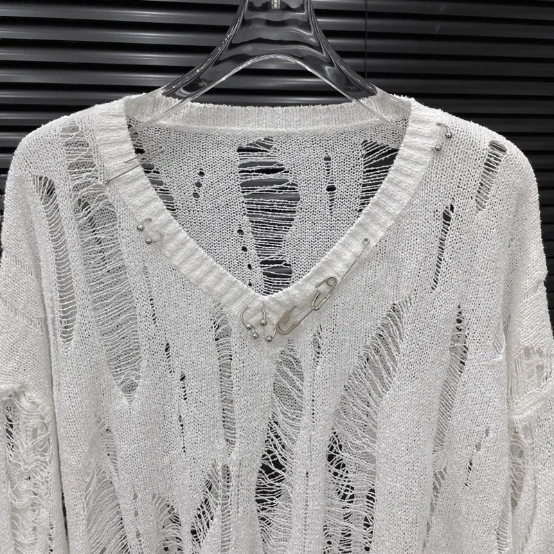 HKSH Autunno Nuove Donne Chic T-Shirt Con Scollo A V Manica Lunga Lavorato A Maglia Scava Fuori Spille Decorare Sottile Streetwear Alla Moda Casual Magliette E Camicette HK9053