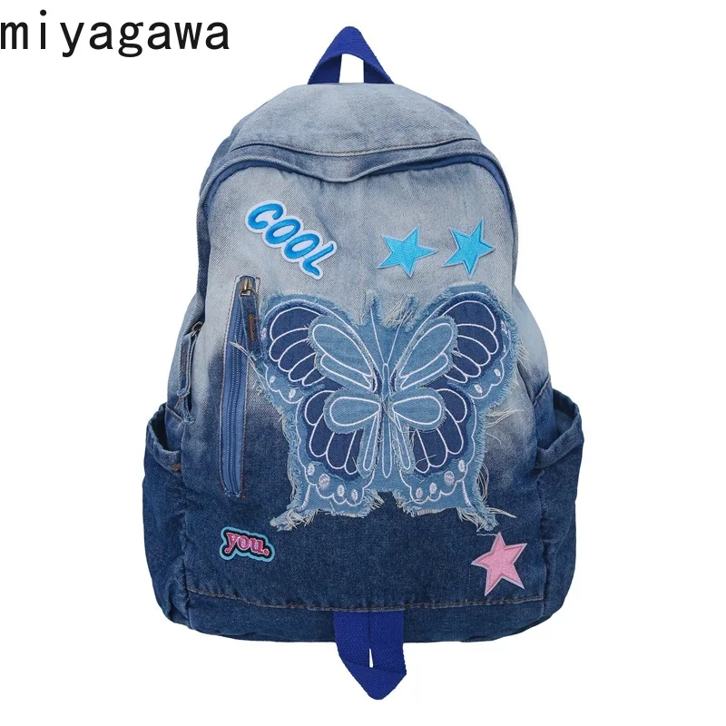 Miyagawa Japanese Gradient Tie Dye Wash Denim Blue Butterfly Backpack New High Capacity Student Campus Outgoing Schoolbag Girl