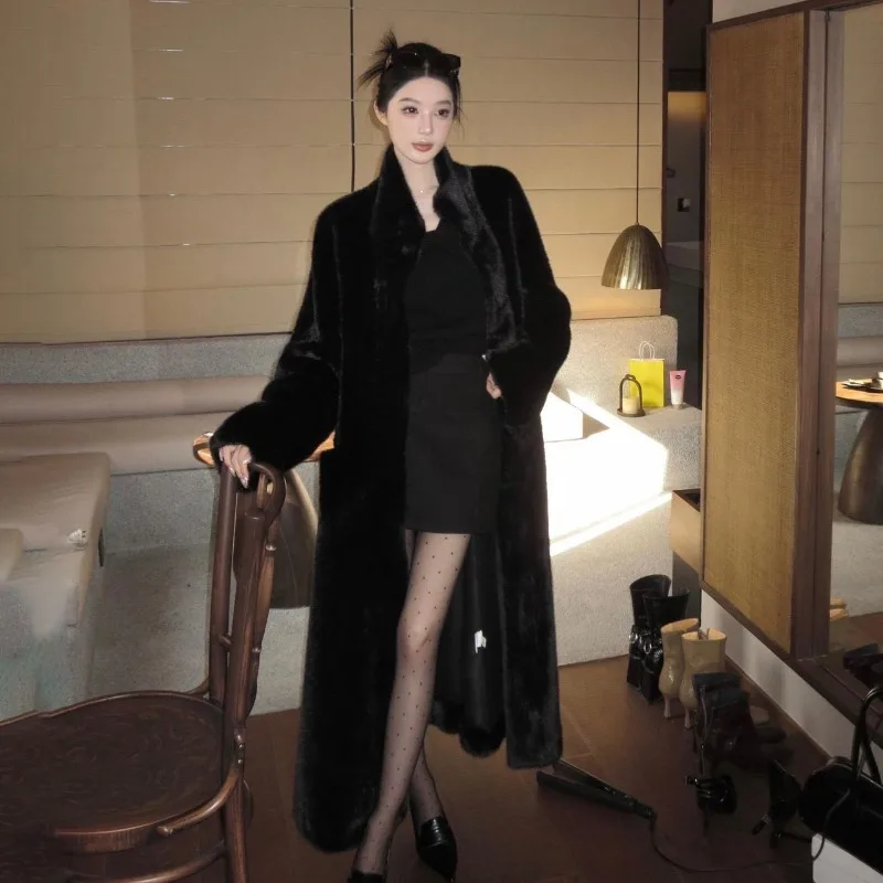 Fourrure intégrée Imitation vison polaire manteau de fourrure écologique femmes longue sur le genou col montant ample manteau de vison en peluche WLF