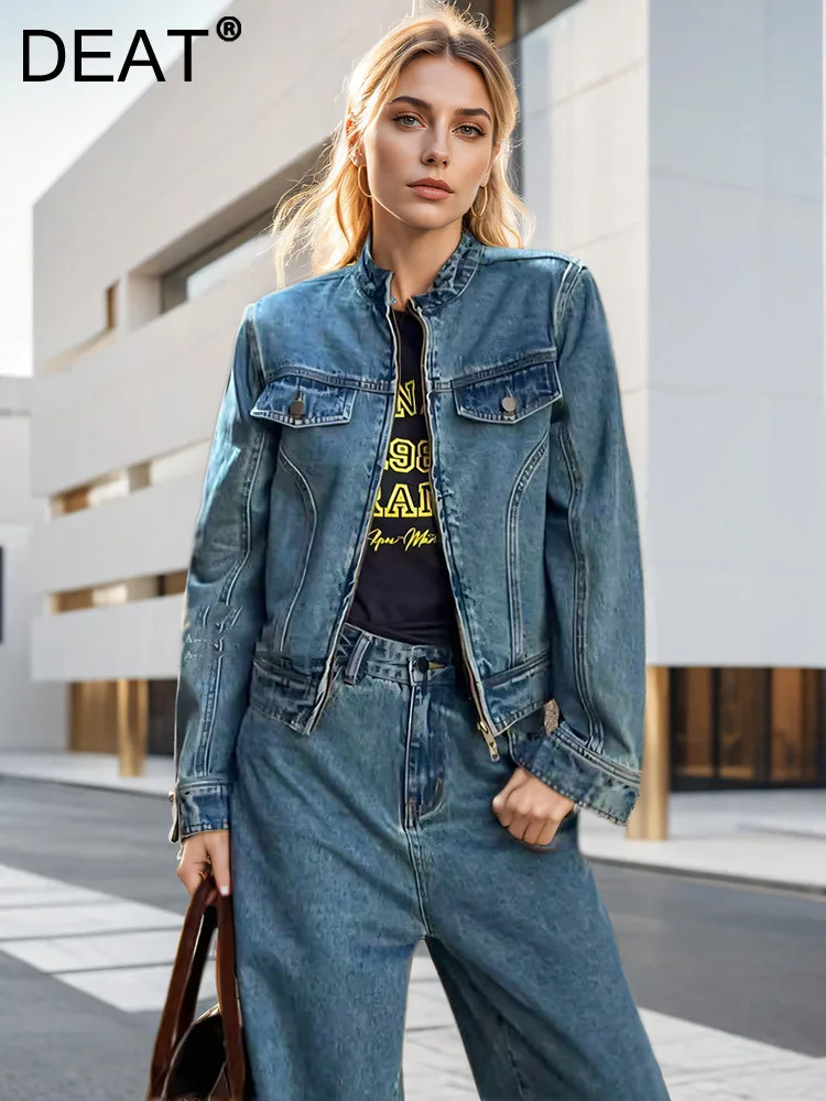 

DEAT Fashion Women's Denim Jackets Stand Collar Loose Zipper Long Sleeves Streetwear Short Coat Autumn 2024 New Tide 7AB4787