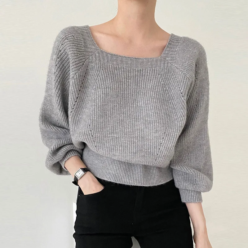 

Pullovers Sweaters Women Knitted Solid Jumpers Square Collar Lantern Sleeves Loose Fit Casual Office Lady 2025 Autumn Winter