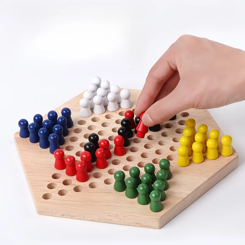 Embedded Wooden Hexagonal Checkers Chinese Checkers Set Strategy Family Game Pieces Cultivate Thinking Skills For Adults Kids