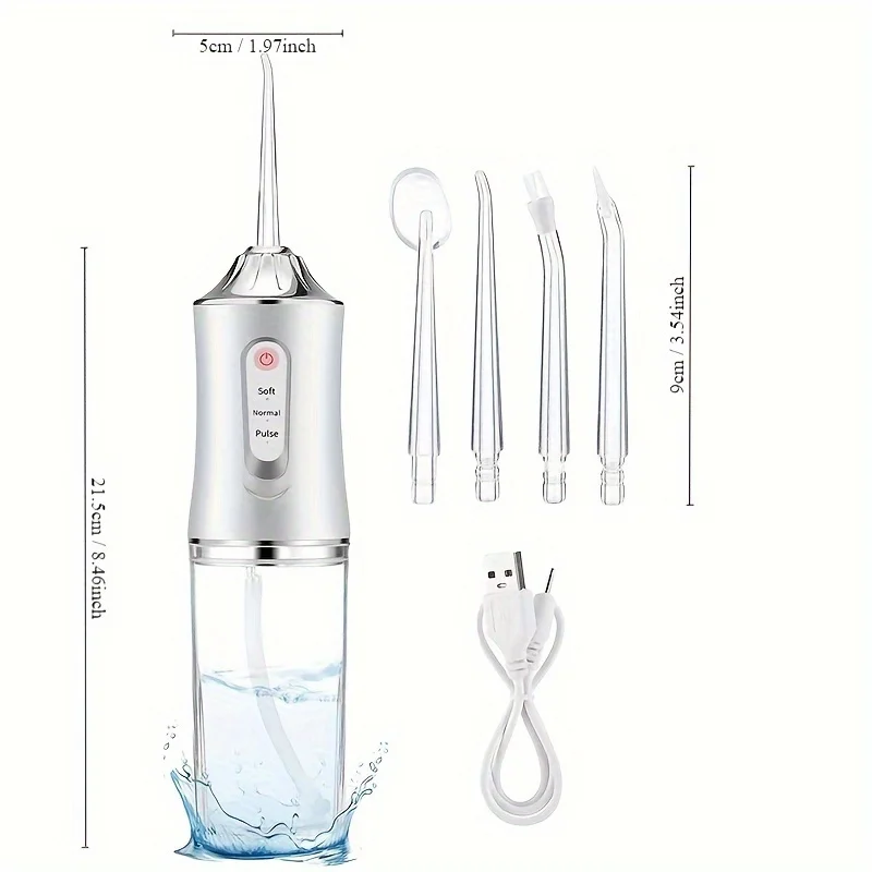 Oral Irrigator Portable Dental Water Flosser USB Rechargeable Water Jet Floss Tooth Pick 4 Jet Tip 220ml 3 Modes IPX7 1400rpm