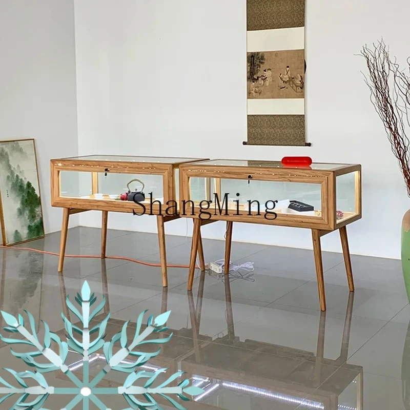 

FG calligraphy pearl glass commercial display cabinet old elm new Chinese solid wood