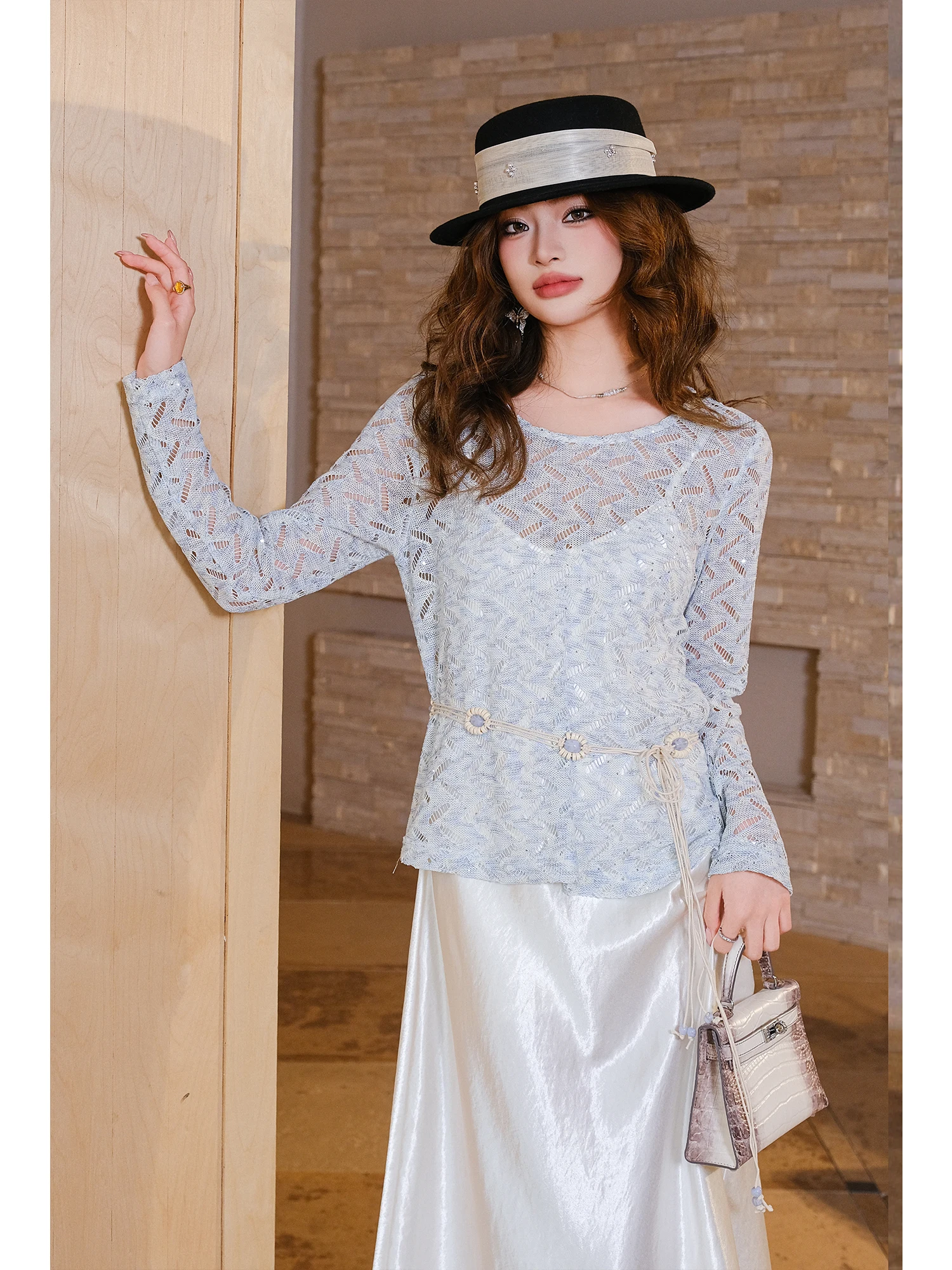 

MIUCO Ele Hollow out Waist-Cinching Dr Set Gentle Sle Two-Piece Suite Women's Faion Daily Wear Spring Collection