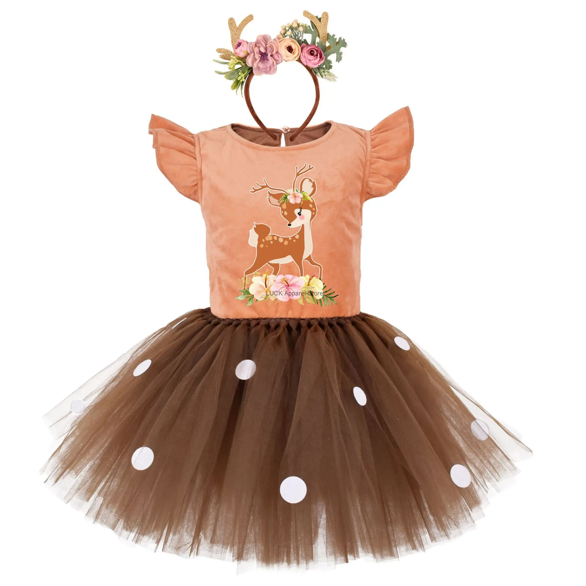 

Halloween Sika Cosplay Girl Deer Dress Sen Elk Print Top Mesh Dress International Children's Day Performance Clothes