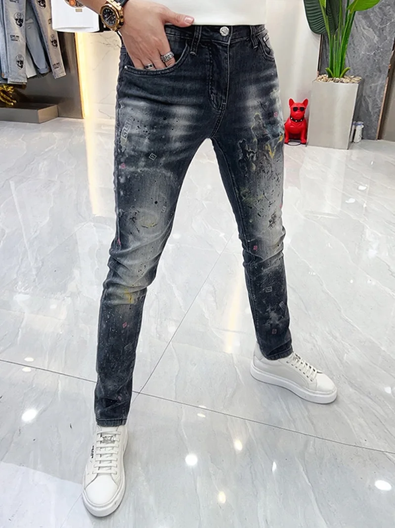 

Trendy Slim Fit Men's Jeans Summer 2025 Faion Print Elastic Casual Straight Leg Pants mid Waist Zipper Fly Youth Sle