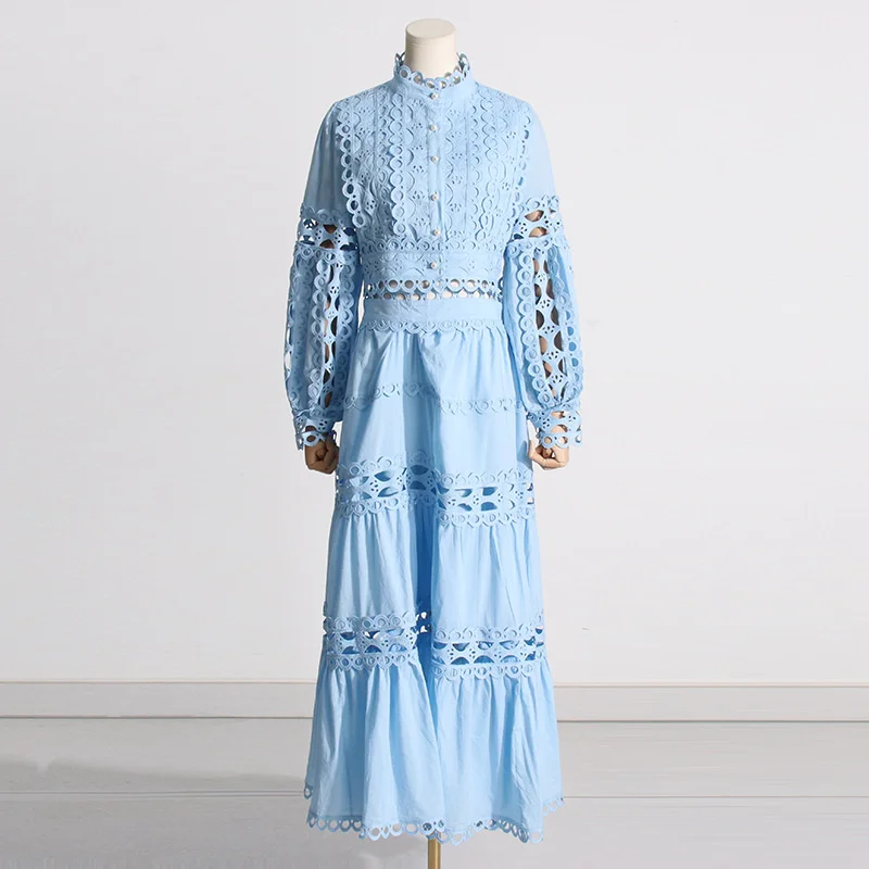 Fashion Runway Flower Embroidery Two Piece Set Women Autumn Single Breasted Lace Shirts + A Line Maxi Long Skirts Suits