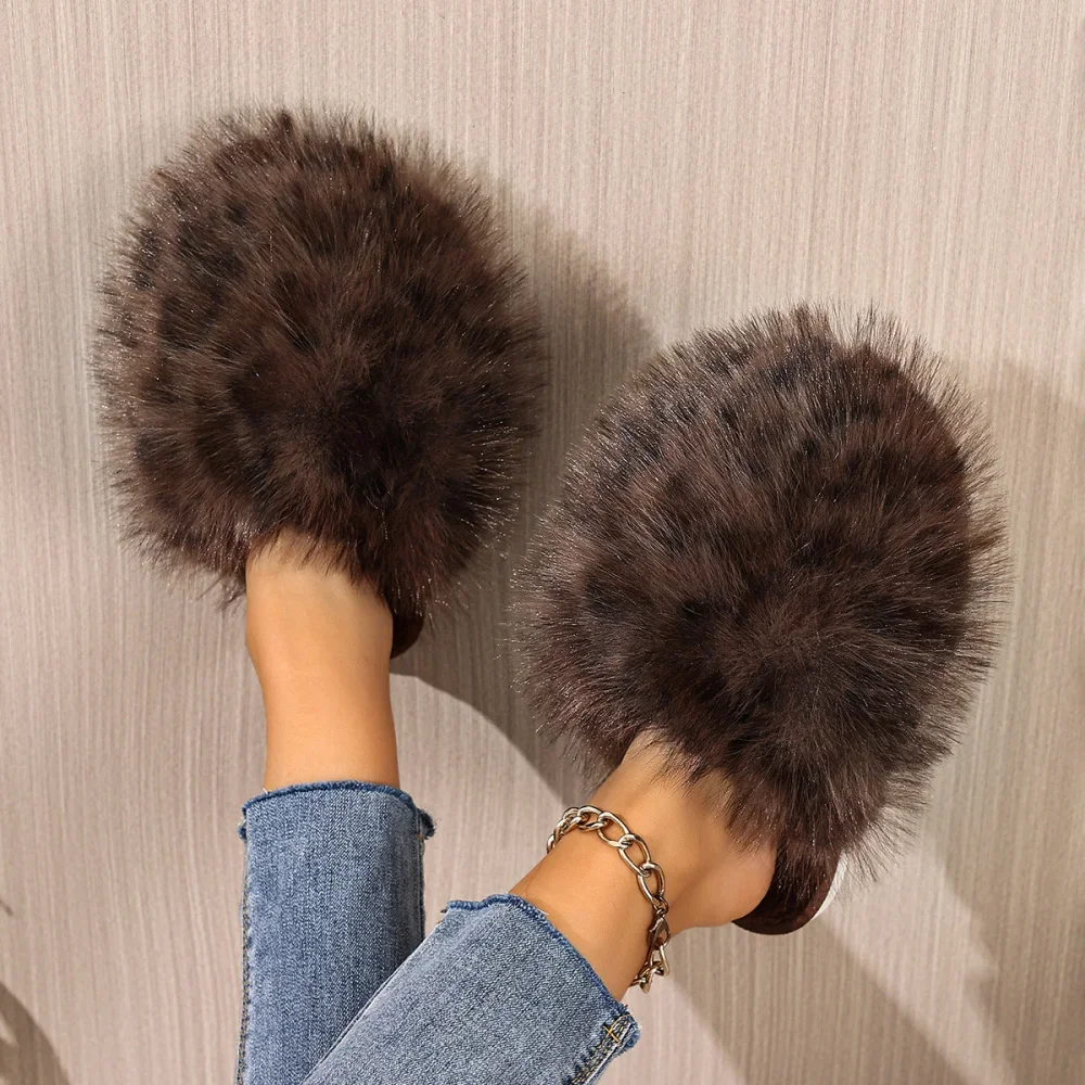 Damen Warme Hausschuhe Plüsch Leopardenfell Flauschige Pantoffeln Große Größen Geschlossene Zehenpartie Flache Sandalen Weiche Bequeme Schuhe für Frauen – Detail 17