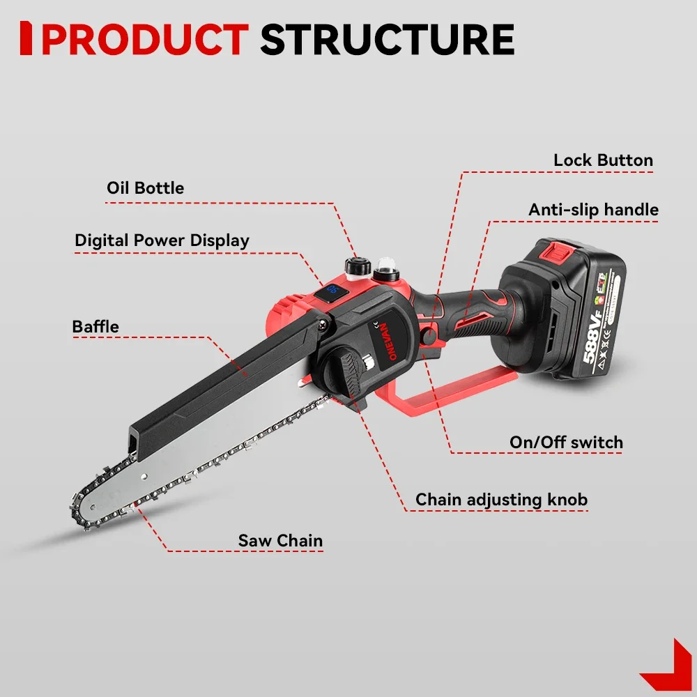 ONEVAN 8 Inch Brushless Chain Saw Cordless Pruning Electric Saw Woodworking Electric Saw Cutting Tool For Makita 18V Battery