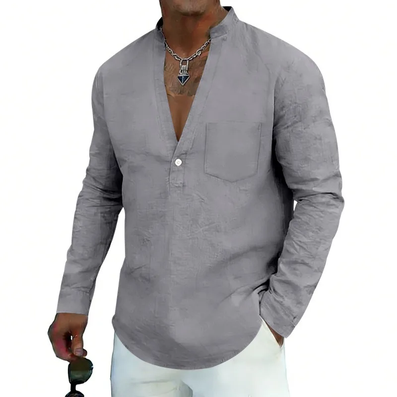 Men's Linen Blend Manin Collar Henley Shirt Long Sleeve Button Pocket Casual Summer Shirt