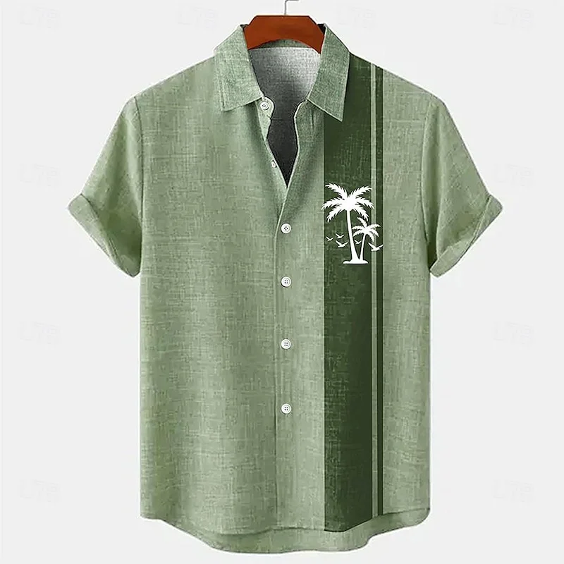 Hot selling linen blend men\'s short sleeved shirt with summer fold over collar and casual beach style