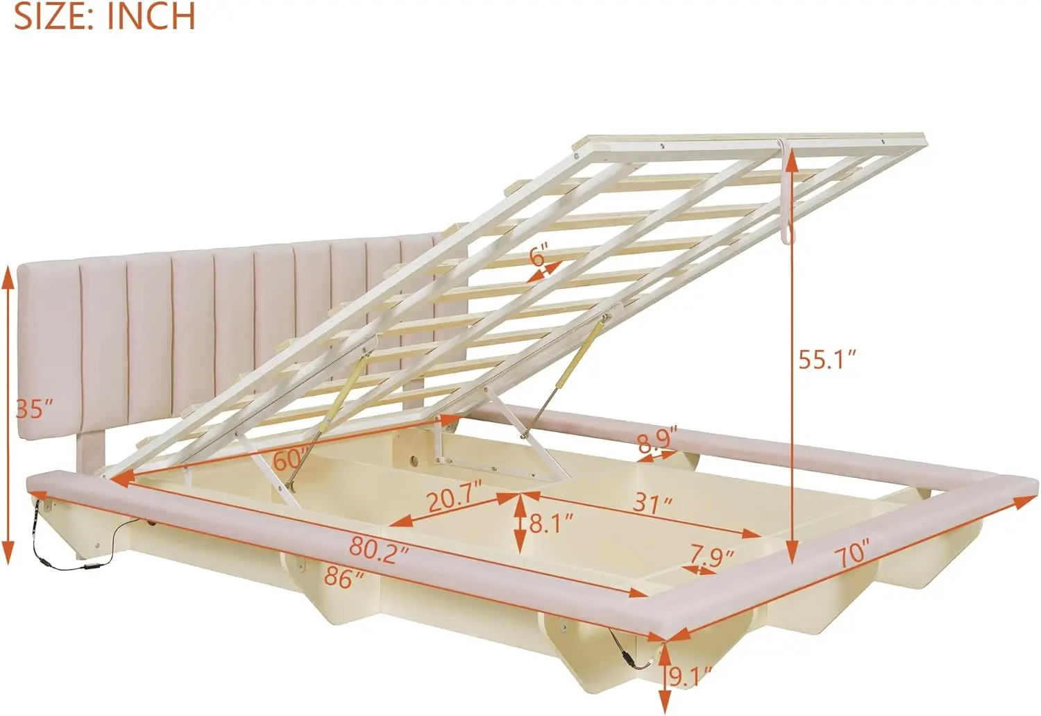 Queen Size Lift Up Storage Platform Bed, Velvet Upholstered Hydraulic Floating Bed Frame With Led Light And Usb Port, Pink