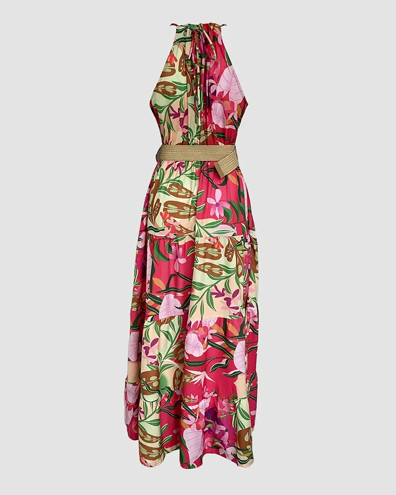 Abito estivo alla moda da donna con stampa tropicale, maxi abito senza maniche increspato con scollo all'americana, abito grembiule fluido casual con linea A