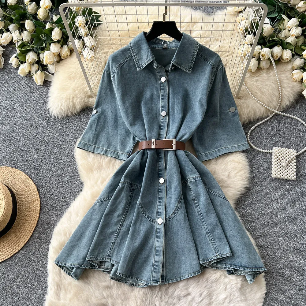 

Party Dress Women Mid Length Dresses A Line Vestidos Y2k Streetwear Turn Down Collar Short Sleeve Elegant Club Night High Waist