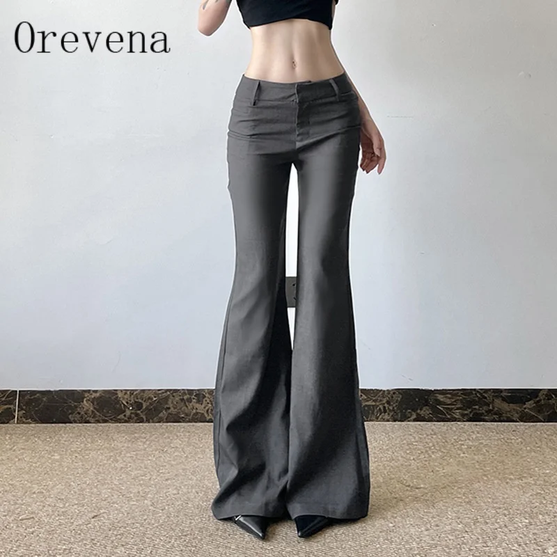 Orevena Ladies Basic Slim-fitting Solid Suitpants Y2K Elegant Fashion Low-Waisted Flare Pants Women 2026 Autumn Spring Trousers