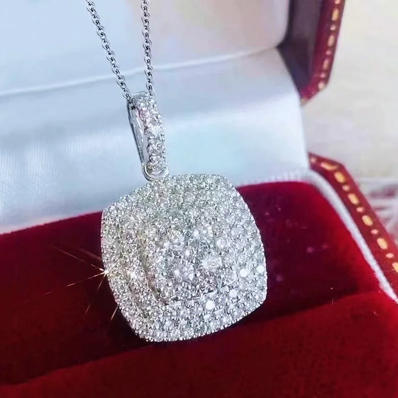 New Fashion 925 Sterling Silver Color Wedding Bridal Jewelry Shiny Flash Square Full Zircon Ring Necklace Factory Wholesale