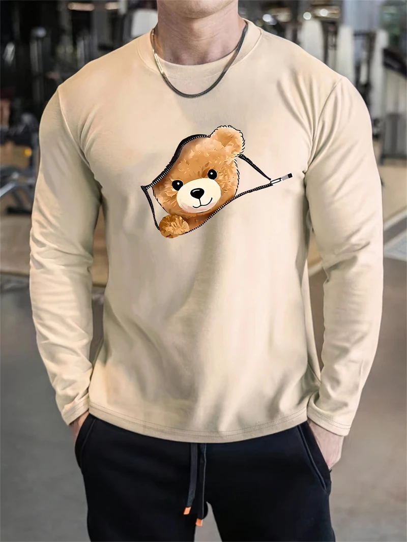 

Trendy Zipper Bear Graphic T Shirts For Men Fashion Streetwear 3D Printed Long Sleeve T-shirts Loose Harajuku Hip Hop Tees Tops
