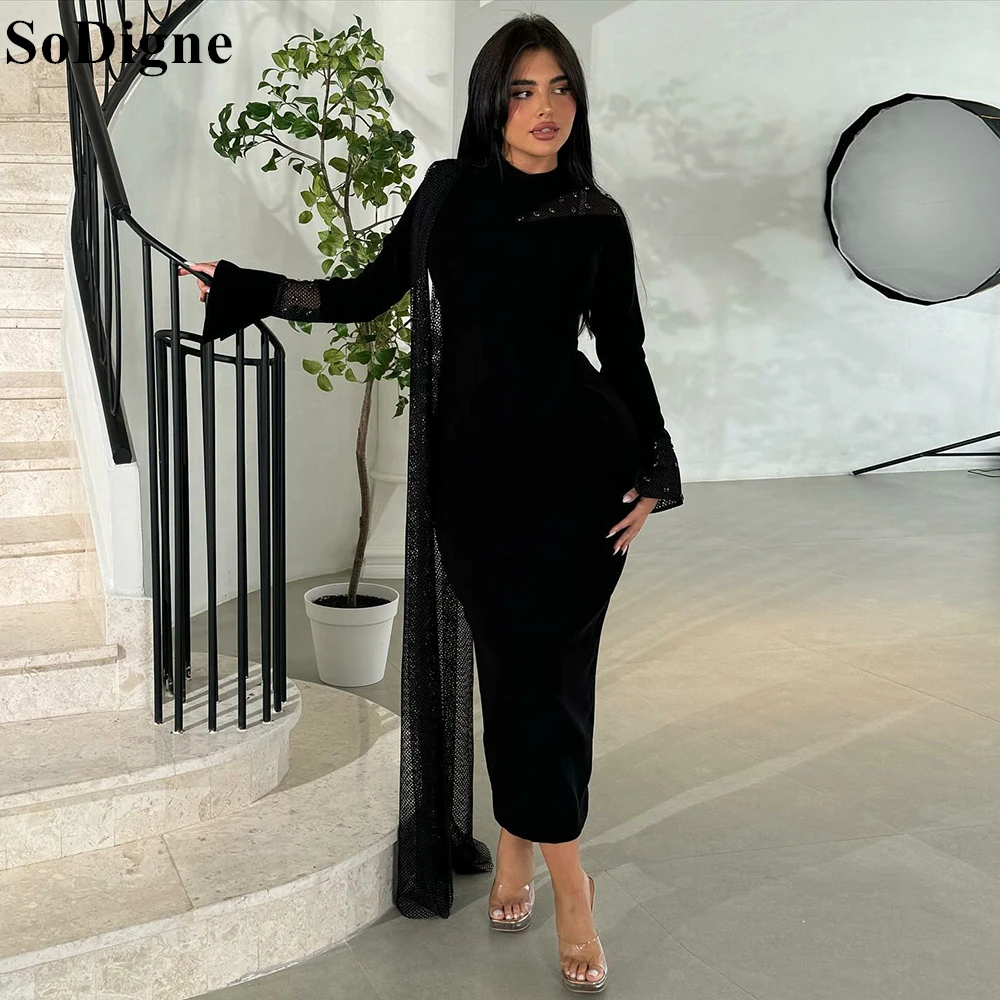 

SoDigne Elegant Black Evening Dresses O-Neck Long Sleeves Tea Length Mermaid Party Dress 2024 Modest Formal Prom Gown Customized